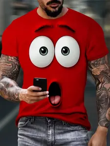 Men's 3D Surprised Face Pattern Short Sleeve T-Shirt, Big Eyes Face Print, Artistic Design, Durable Washable Fabric, Casual Style