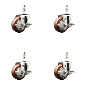 212 MAIN Service Caster SCC-SS316TS20S314-PPUB-MRN-TLB-381615-4 316 Stainless Steel Swivel Stem Caster Set of 4, 3 in. Maroon Polyurethane Wheels, 0.38 in. Threaded Stem, Top Brake