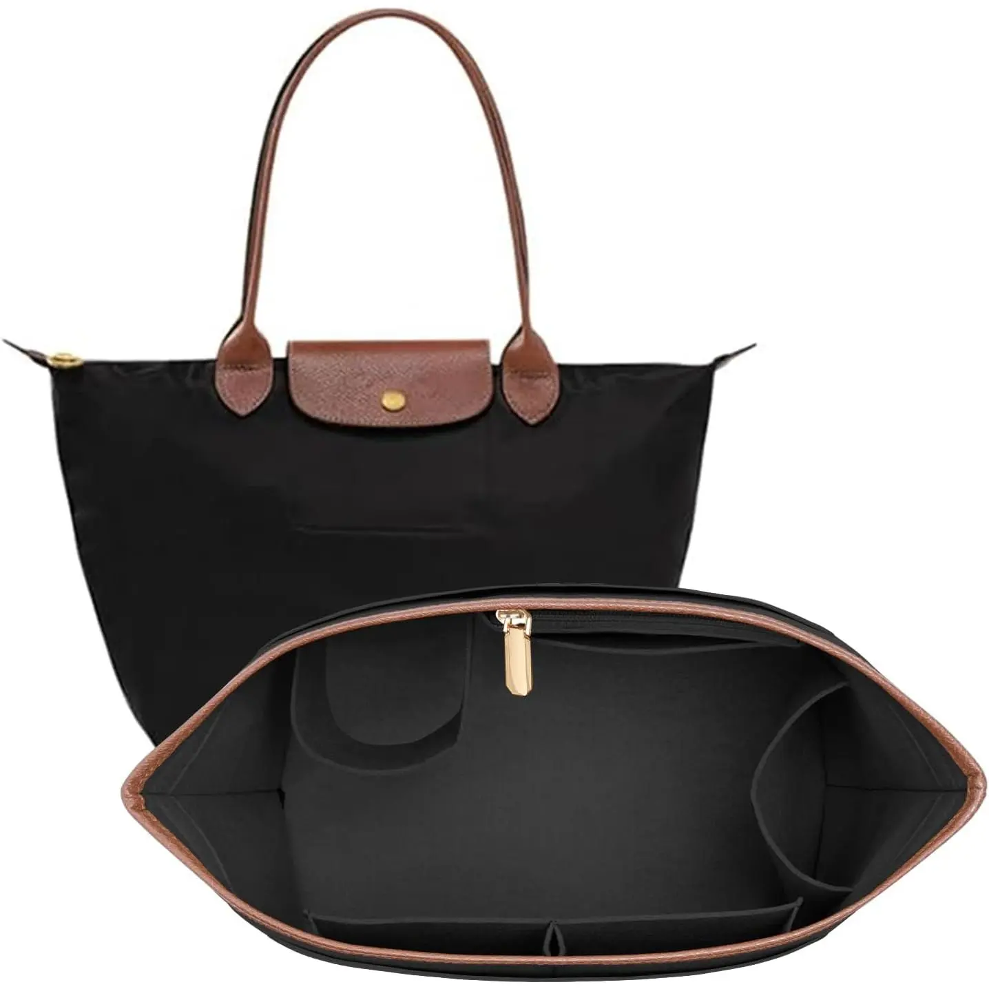 Large Black Leather-Edged Felt Handbag Divider Organizer Insert for Longchamp Le Pliage Tote, Purse Storage Pouch with Cup Holder for Travel Organization