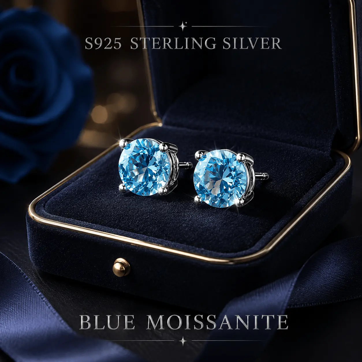 Women's S-Size Pure Silver Round Fine Blue Spiral Moissanite Stud Earrings - Costume Jewelry Gift for Valentine’s Day, Anniversary