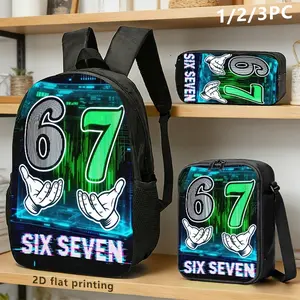 Techwear "Six Seven" 3-Piece Backpack Set, Neon Glitch 67 Print School Bag + Lunch Bag + Pencil Case, Oxford Cloth Adjustable Strap Daypack for Streetwear & Gaming Fans
