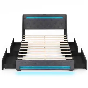 COSTWAY - Full Size Bed Frame with LED Lights Wingback Headboard and Charging Station-Grey