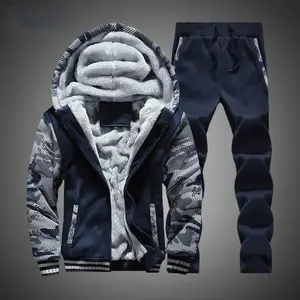 New Winter Fleece Thicken Men's Two-piece Zipper Sports Set Hooded Thermal Suit Casual Oversized Tracksuit