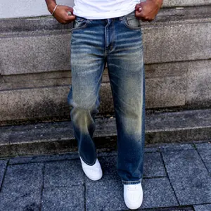 Vintage distressed straight-leg men’s wide-leg jeans — trendy casual pants