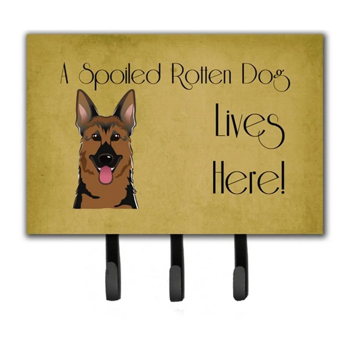 212 MAIN German Shepherd Themed Metal Triple-Hook Leash & Key Hanger - Wall Mounted Hardboard Tile Decor with "Spoiled Dog Lives Here" Design, Home Goods Animal Face Theme Hanging Decor for Organization