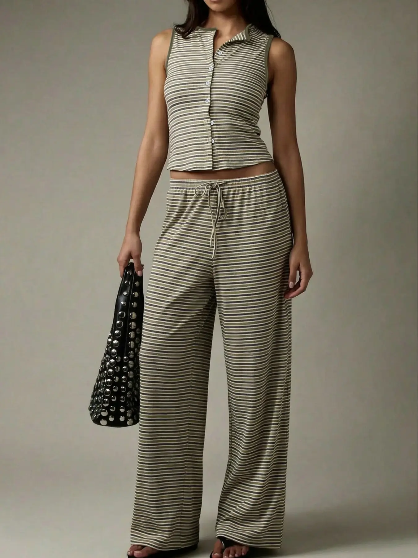 Women's Striped Sleeveless Casual Top & Pants Set , Womenswear Soft Stretchy Fabric & Button-Front Tank & Drawstring Waist Wide-Leg Pants & Matching Pattern 2pc