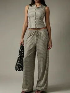 Women's Striped Sleeveless Top & Pants Set , Womenswear Soft Stretchy Fabric & Button-Front Tank & Drawstring Waist Wide-Leg Pants & Matching Pattern 2pc