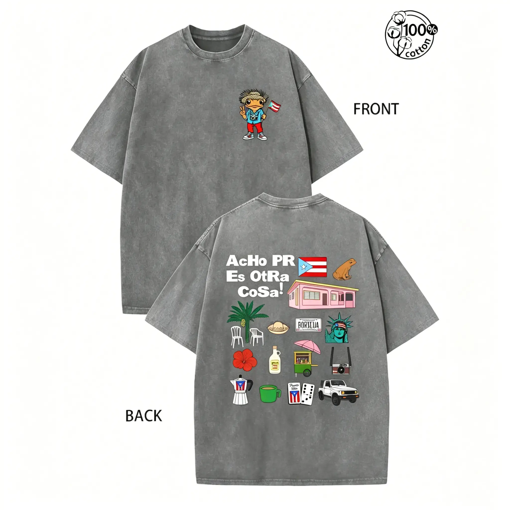 Vintage Puerto Rico "AcHo PR Es Otra Cosa!" Boricua Coqui Frog Washed Black T-Shirt, Oversized Cotton Tee with Iconic PR Symbols, Front & Back Print Puerto Rican Pride Casual Crewneck
