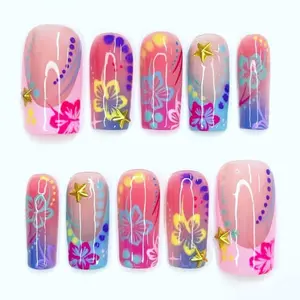 Colorful Floral Press On Nails Pink Blue Ombre Star Charms Nails Set