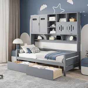 Twin Size Daybed With Bookcase Headboard and 2 Storage Drawers, Platform Bed with All-in-One Cabinet and Shelf, No Box Spring Needed