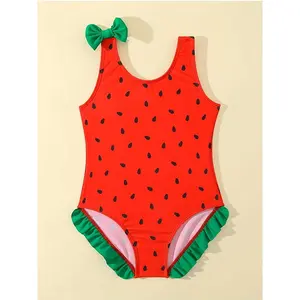 Girl's Watermelon Print Bow Decor One-piece Swimsuit, Cute Sleeveless Ruffle Trim Swimwear for Summer, Kids Swimsuit for Beach Holiday Vacation