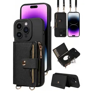 Multifunctional PU Leather Phone Case for iPhone with Zip-Around Wallet, Card Slots, Mirror and Crossbody Strap - Smartphone, Accessories