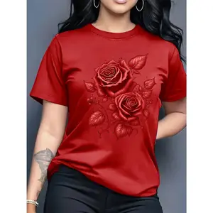 Women's Light Blue Yellow Rose Print Short Sleeve Round Neck T-Shirt - Medium Stretch Comfortable Fabric, Suitable for All Seasons, Machine Washable Breathable Casual Top, Loose Fashion Pattern Shirt, Must-Have for Trend Enthusiasts