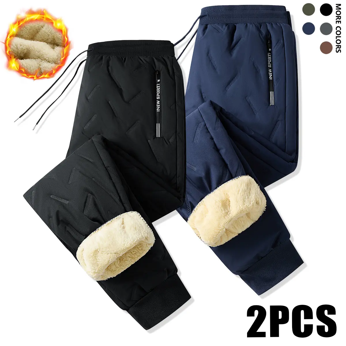 Men's 2-Piece Plain Casual Thermal Fleece Pants Set - Thick, Warm, Breathable, Lightweight, Low-Rise, Stretch Straight-Leg Pants with Pockets, Windproof, Machine Washable for Home, Outdoor Camping, Fleece Men's Pants, Thermal Men's Pants