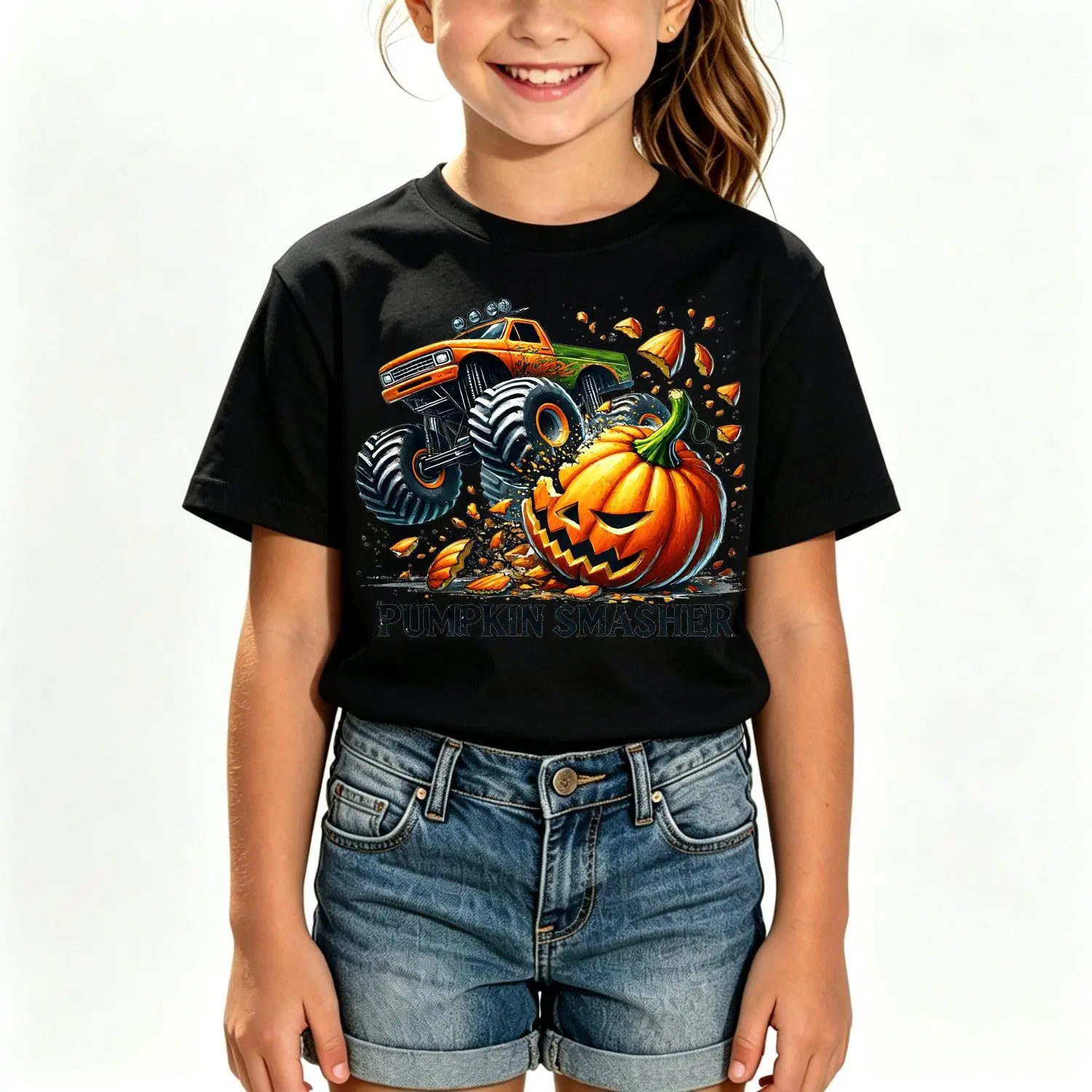 Kids Pumpkin Smash Truck Crushed Pumpkin Print Short Sleeve T Shirt Summer Casual Round Neck Top with Patch for Fall Halloween Thanksgiving Outfits