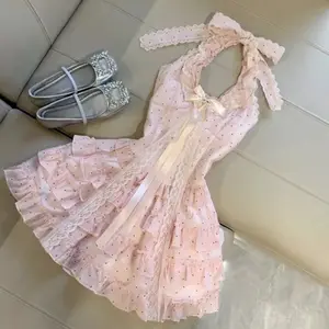 TOP midsummer short skirt waist thin design sense pure desire wind sweet polka dot neck dress female autumn Abifeng Casual Womenswear