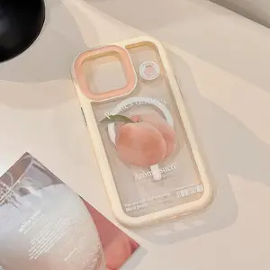 INS Green iPhonePeach Magnetic Clear Phone Case For iPhone 16 15 13 14 12 11 Pro Max Wireless Charge Bracket Soft Silicone Cover