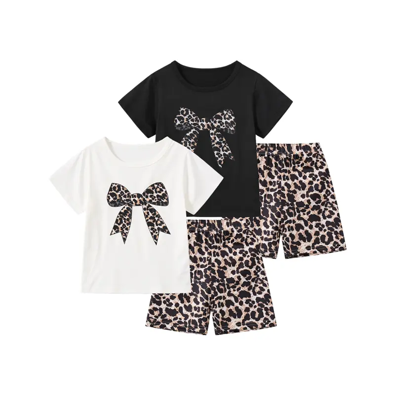 #SummerVibes Set for Girls: Sweet Summer Leopard-Print Short-Sleeve Top with Bow, Leopard-Print Shorts-Casual, Stylish, and Trendy Outfit for Outings