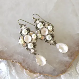 Antique gold Bridal dangle earrings with Ivory cream crystals - ASHLYN