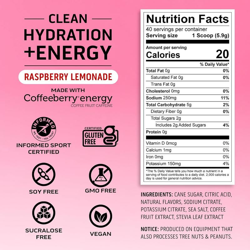 Clean Hydration and Energy Electrolyte Powder with 100mg Caffeine and 400mg Electrolytes, No Artificial Ingredients, Raspberry Lemonade, 40 Servings