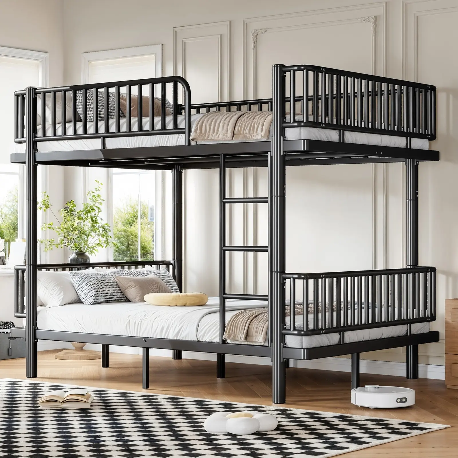 Queen Over Queen/Full Over Full Metal Bunk Bed Frame with Guardrails, Ladder, No Box Spring Needed and Convertible Design, Black/White