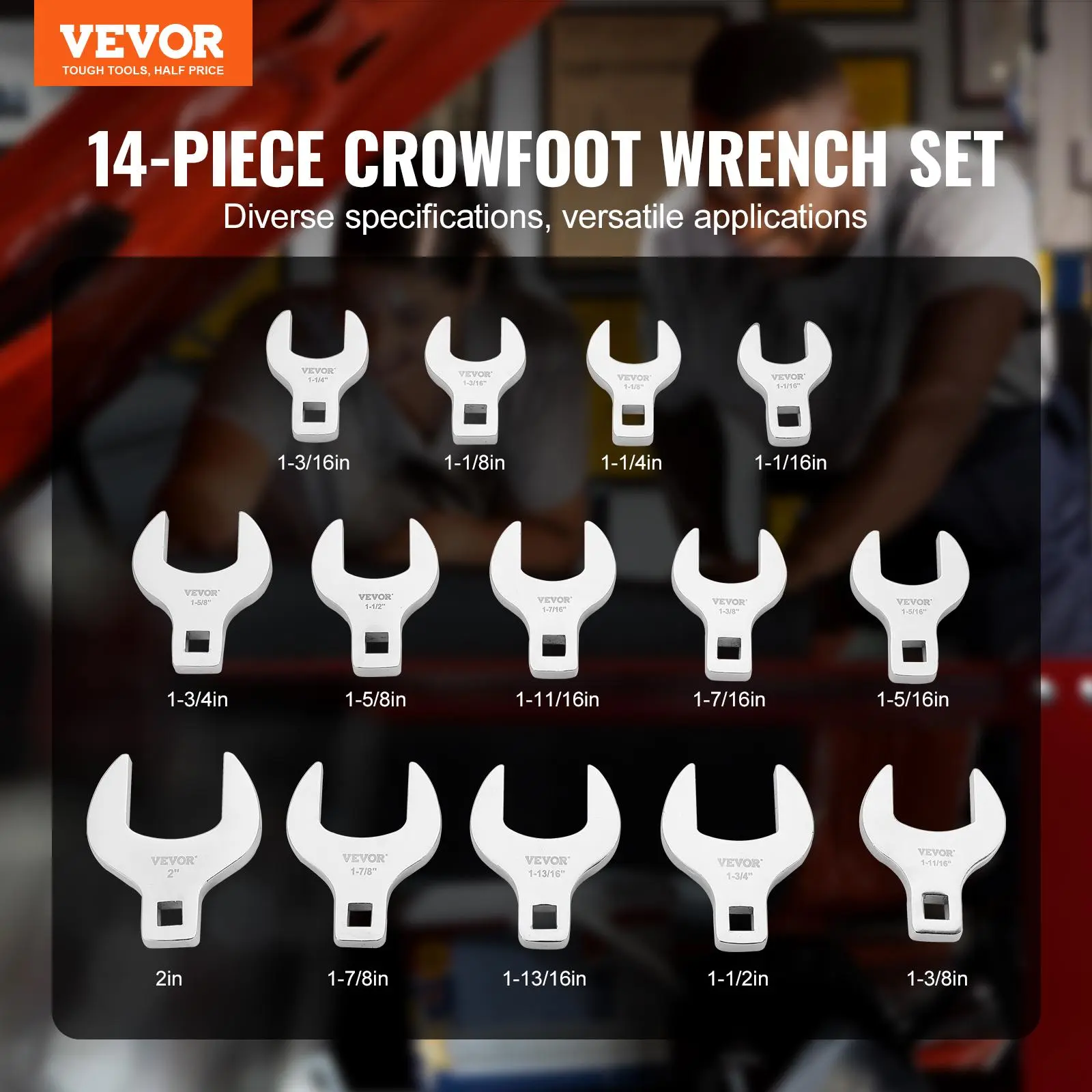【Summerfinds】VEVOR Crowfoot Wrench Set, 1/2" Drive 14-Piece SAE (1-1/16" - 2") Crows Foot Wrench Set with Storage Tray, 40CR Material with Laser Etched Sizing, for Mechanical Maintenance or Repairs