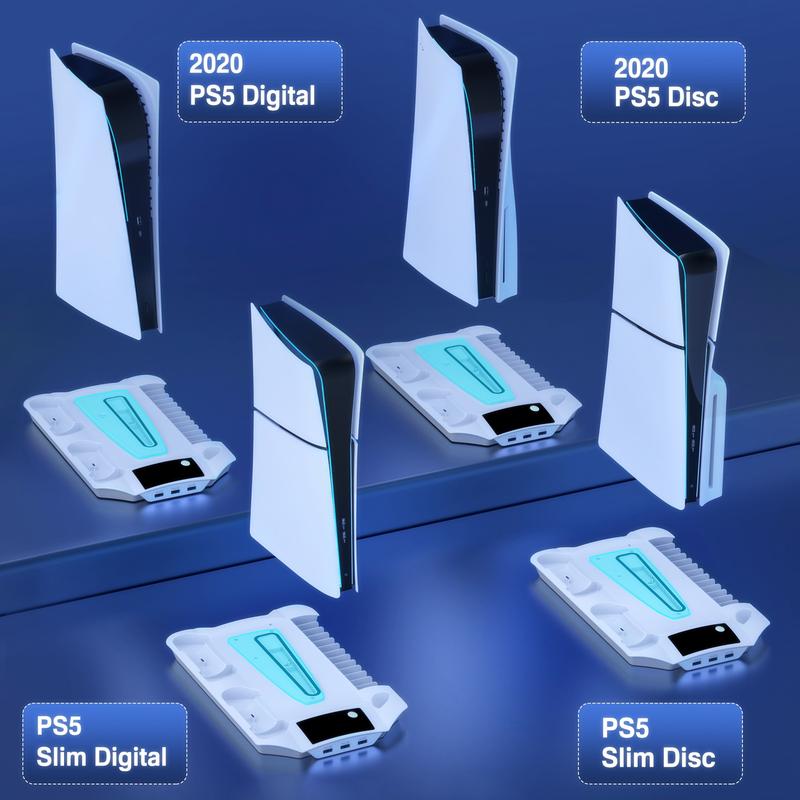 PS5 Stand for PS5 Slim Disc Digital, PS5 Cooling Station and Controller Charging Station for Playstation 5 Accessories with 3 Levels Cooling Fan, 3 USB Hub, Headset Holder, 13 Game Slots, Media Slot