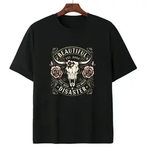 100% Cotton Unisex Edgy Western Graphic T-Shirt with "Beautiful Disaster" Bull Skull Floral Design, Casual Wear Black T-shirt |Vintage Graphic Tee