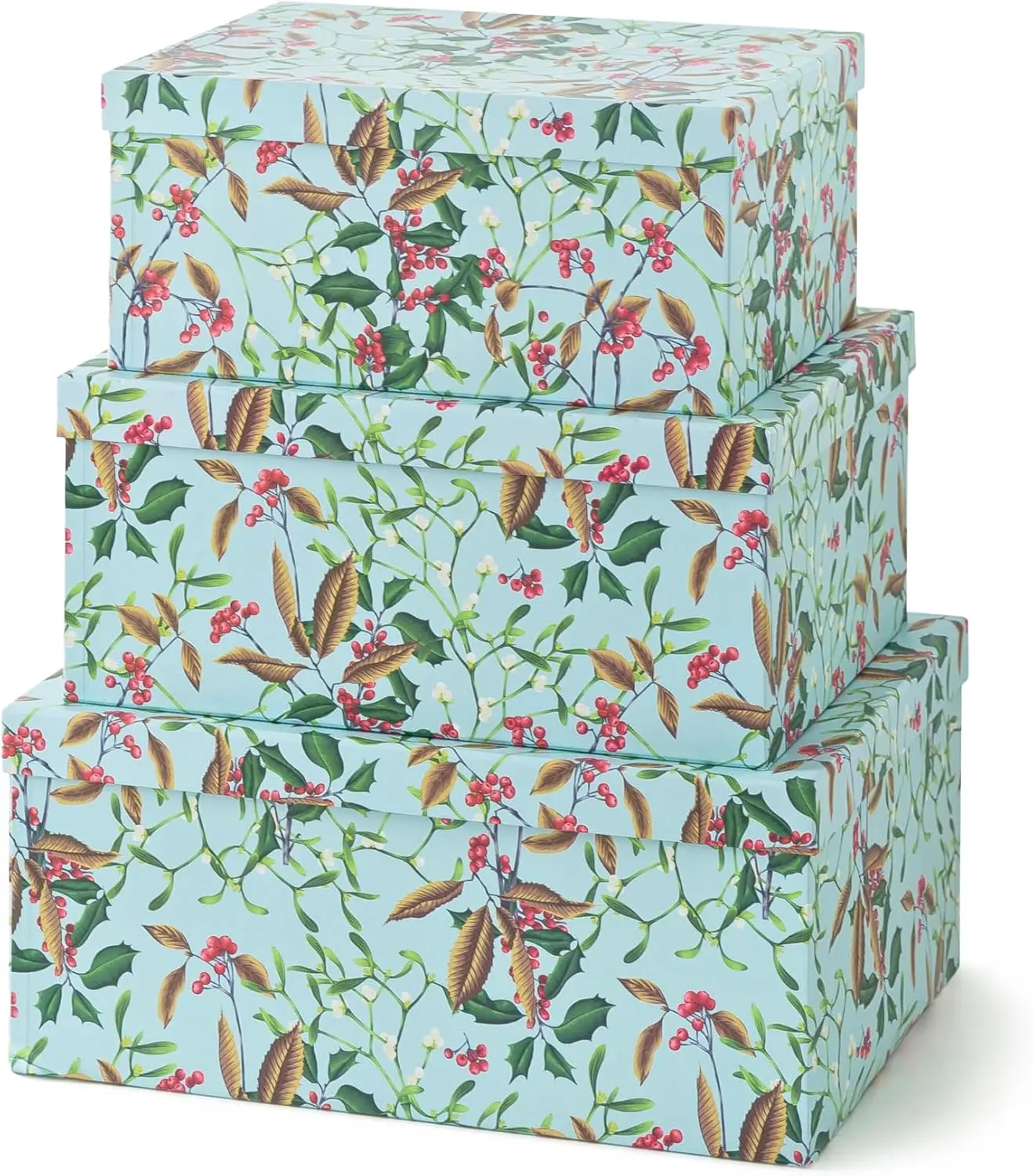 Winter Berries Cardboard Boxes - Set of 3: Decorative Storage Boxes with , Paper Mache Cardboard Nesting Containers, Christmas Winter Photo Cartons, Stacking  Wrap Storage