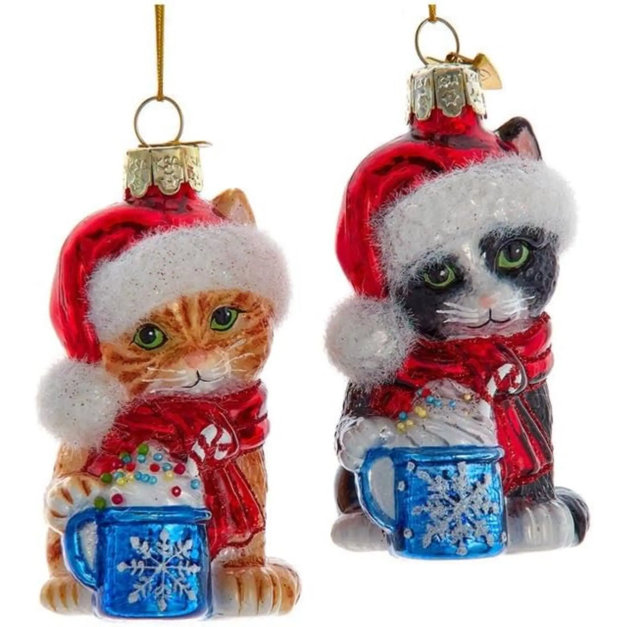 Kurt Adler Noble Gems Glass Ornaments for Christmas Tree, Kitten with Hot Cocoa, Assorted (Pack of 2)
