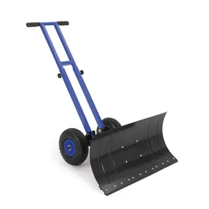 Snow Shovel with Wheels, 29" W ×14" H Heavy Duty Double Rod Wheeled Snow Pusher with Angle & Height Adjustable Handle for Driveway Sidewalk Yard, Blue