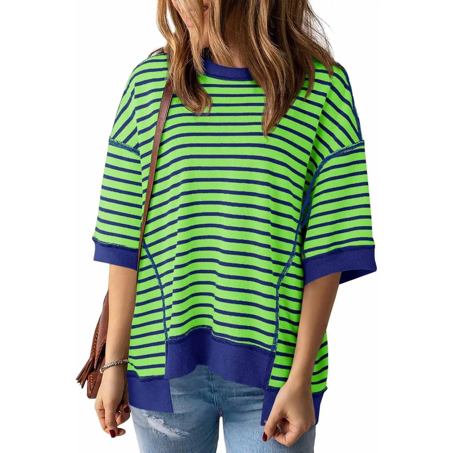 PALSTER Womens Oversized T Shirts Striped Casual Summer Color Block Loose Fit Half Sleeve Cotton Tops