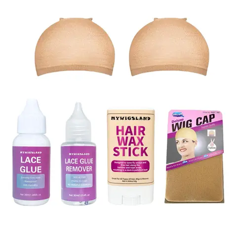Hair Sleek Wax Stick & Glue & Glue Remover & Wig Cap Set, Hair Styling Tool, Styling Hair Gel, Edge Control Gel for Women & Girls, Professional Hair Styling Products for Daily Use