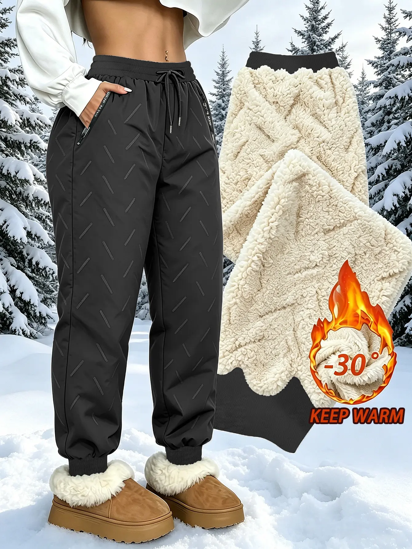 Women’s Fleece Lined Warm Jogger Pants, Water Resistant Windproof Thermal Snow Sweatpants, Elastic Drawstring Waist Zipper Pocket Cuffed Winter Casual Outdoor Insulated Trousers, Regular Size Cozy Cold Weather Bottoms for Daily & Hiking