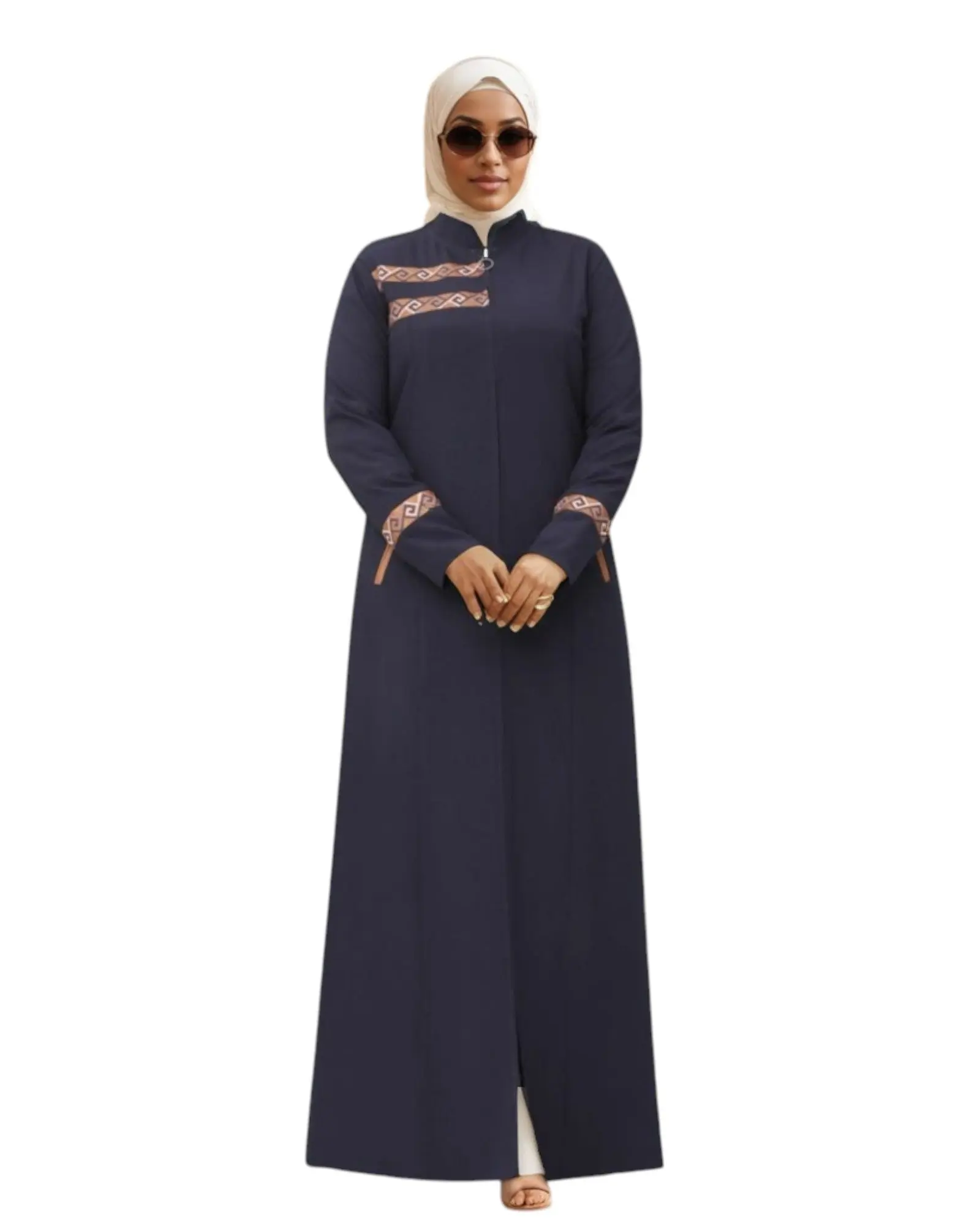 Amara Embroidered Elegance Abaya with Geometric Patterns Front Zipper Closure & Functional Side Pockets for Versatile Wear
