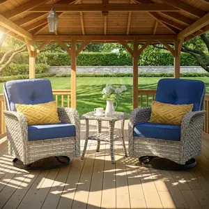 CAODOC Patio Swivel Rocking Chair Set, 3 Piece Outdoor Wicker Rattan Furniture with High Back Chairs, Thick Cushions and Side Table for Garden Porch Deck