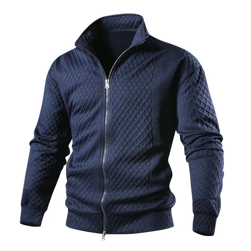 Men's dark blue jacquard stand collar zip-up sweatshirt/knit cardigan with a textured feel, casual outerwear for spring and autumn