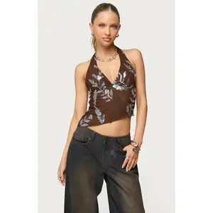 Edikted Women's Sequin Asymmetric Mesh Halter Top