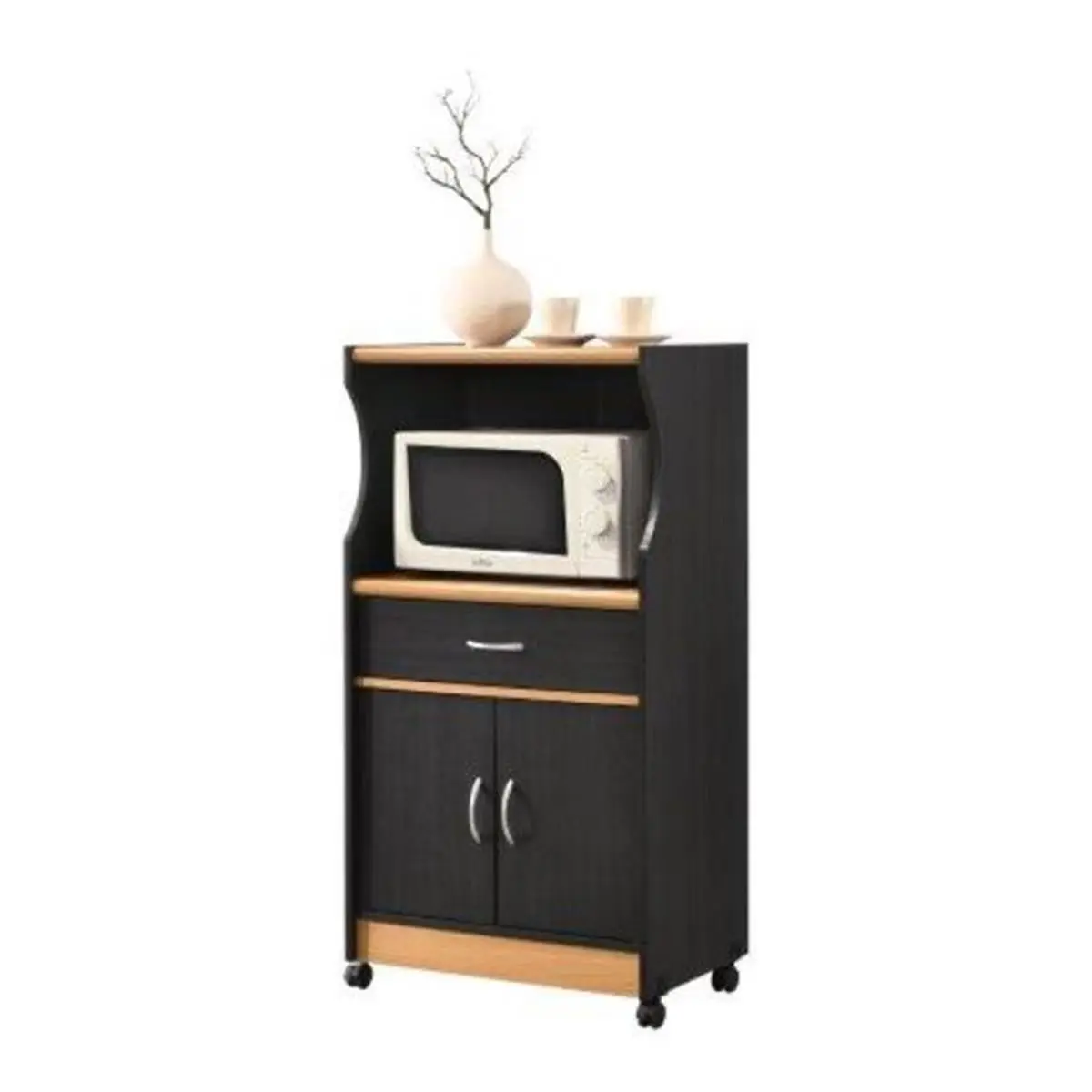 212 MAIN Black & Beech Wood Microwave Kitchen Cart - 45.4x15.5x23.6 in., with Cabinet, 1 Storage Shelf, Wheels - Commercial-Office Furniture Sideboard
