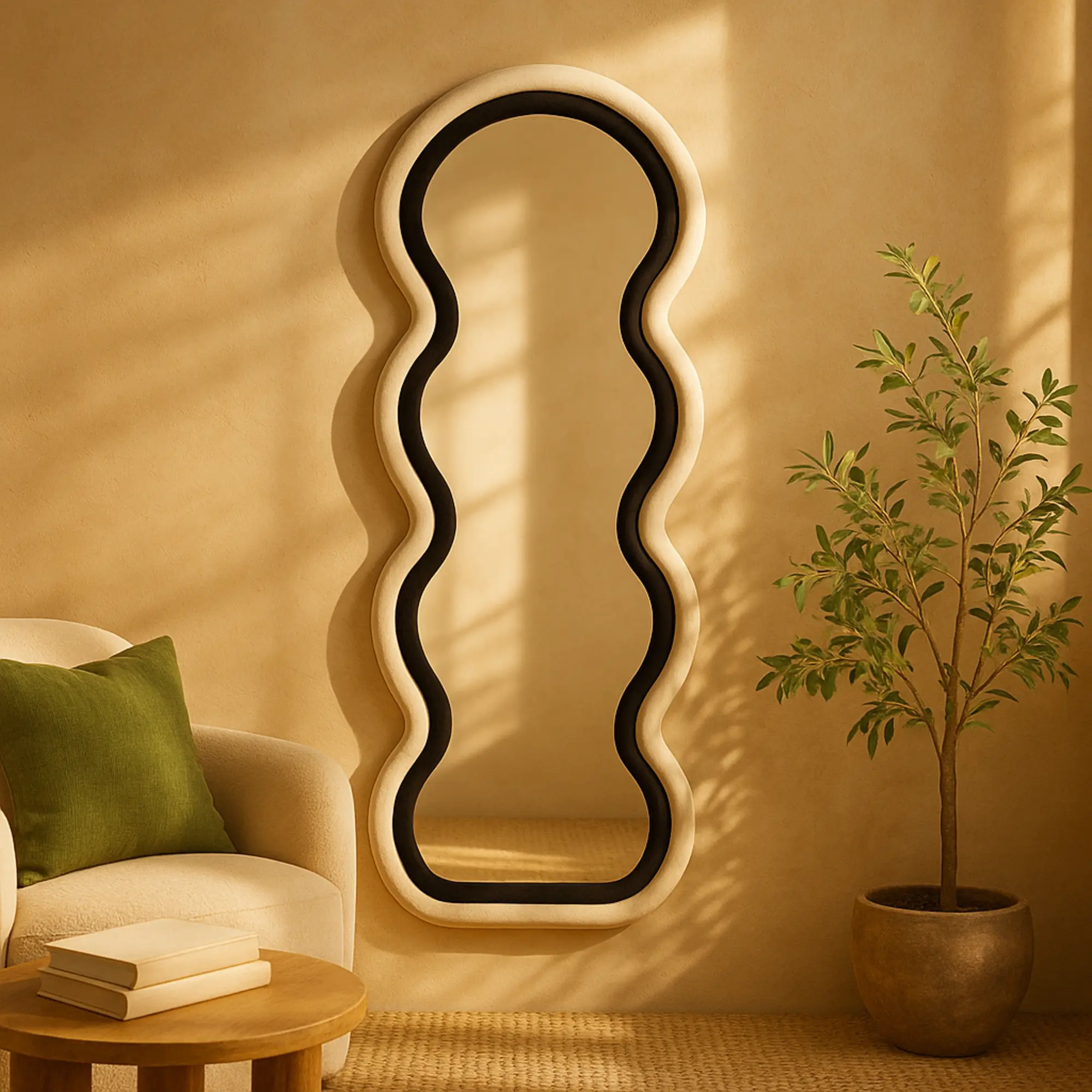 Modern Black Velvet Irregular Wavy Wall Mirror with Layered Wooden-MDF Frame, Fully Assembled Minimalist Indoor Room Decor, 24l x 1.3w x 63h Inches, Light-Reflecting for Entryway