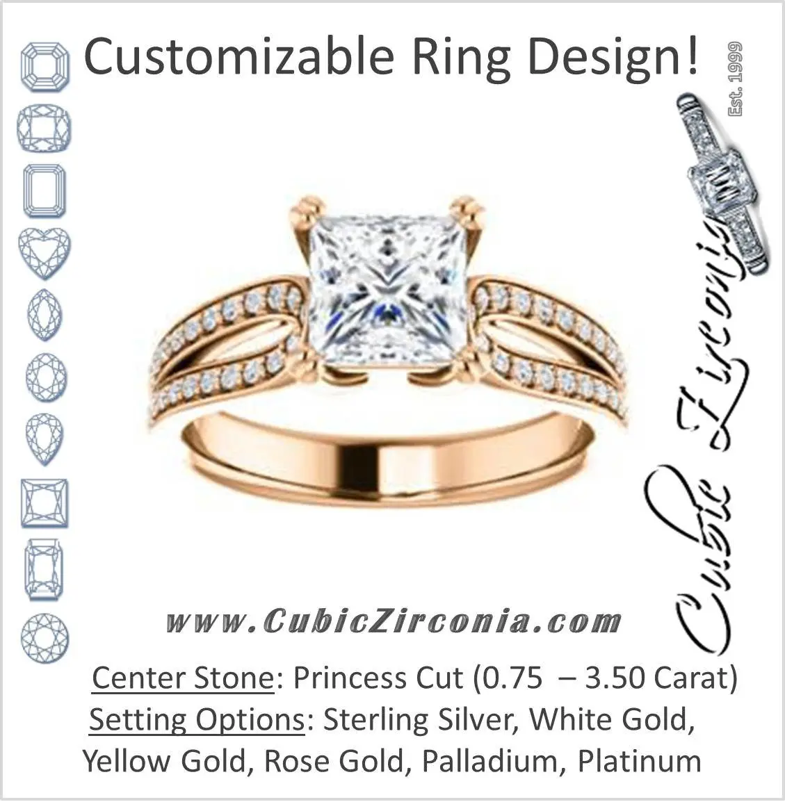 Cubic Zirconia Engagement Ring- The Monet (Customizable Princess Cut Design with Wide Split-Pavé Band)
