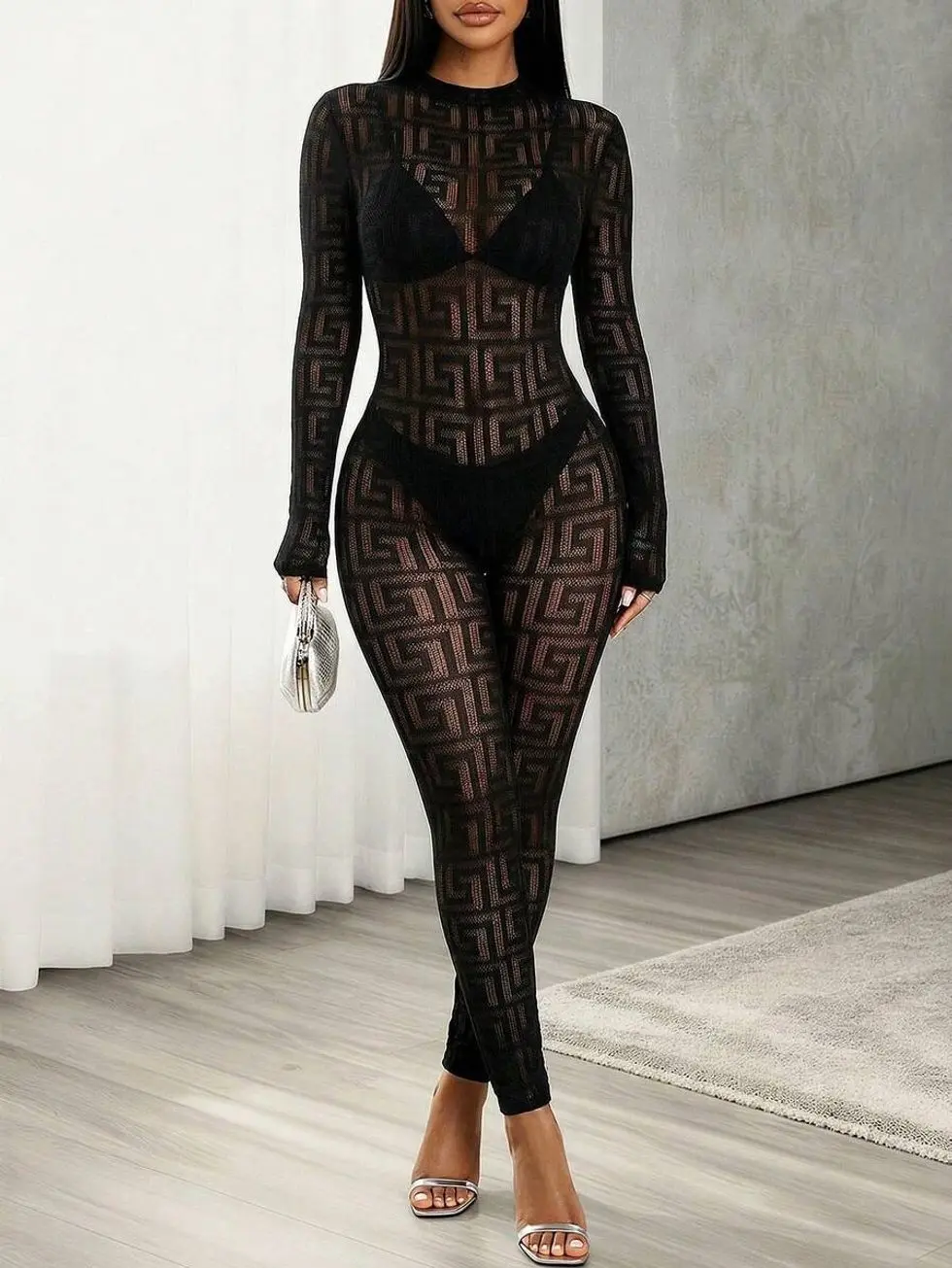 Women’s Sexy Mesh Catsuit, Long Sleeve Sheer Tight-Fitting Jumpsuit for Festivals