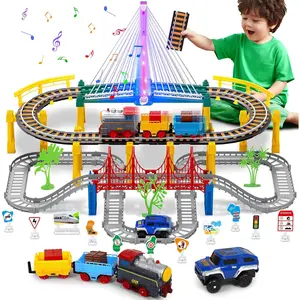 Electric Train Set for Kids Ages 4-8 with Train Tracks Lights Up Bridge Road Sign Realistic Sound Train Track Accessories Playset Boy Toys Birthday Gift for 4 5 6 7 8+ Year Old