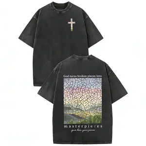 "God Turns Broken Pieces Into Masterpieces" Christian Washed Cotton T-Shirt, Mosaic Cross Graphic, Unisex Vintage Religious Streetwear, Faith Healing Gift