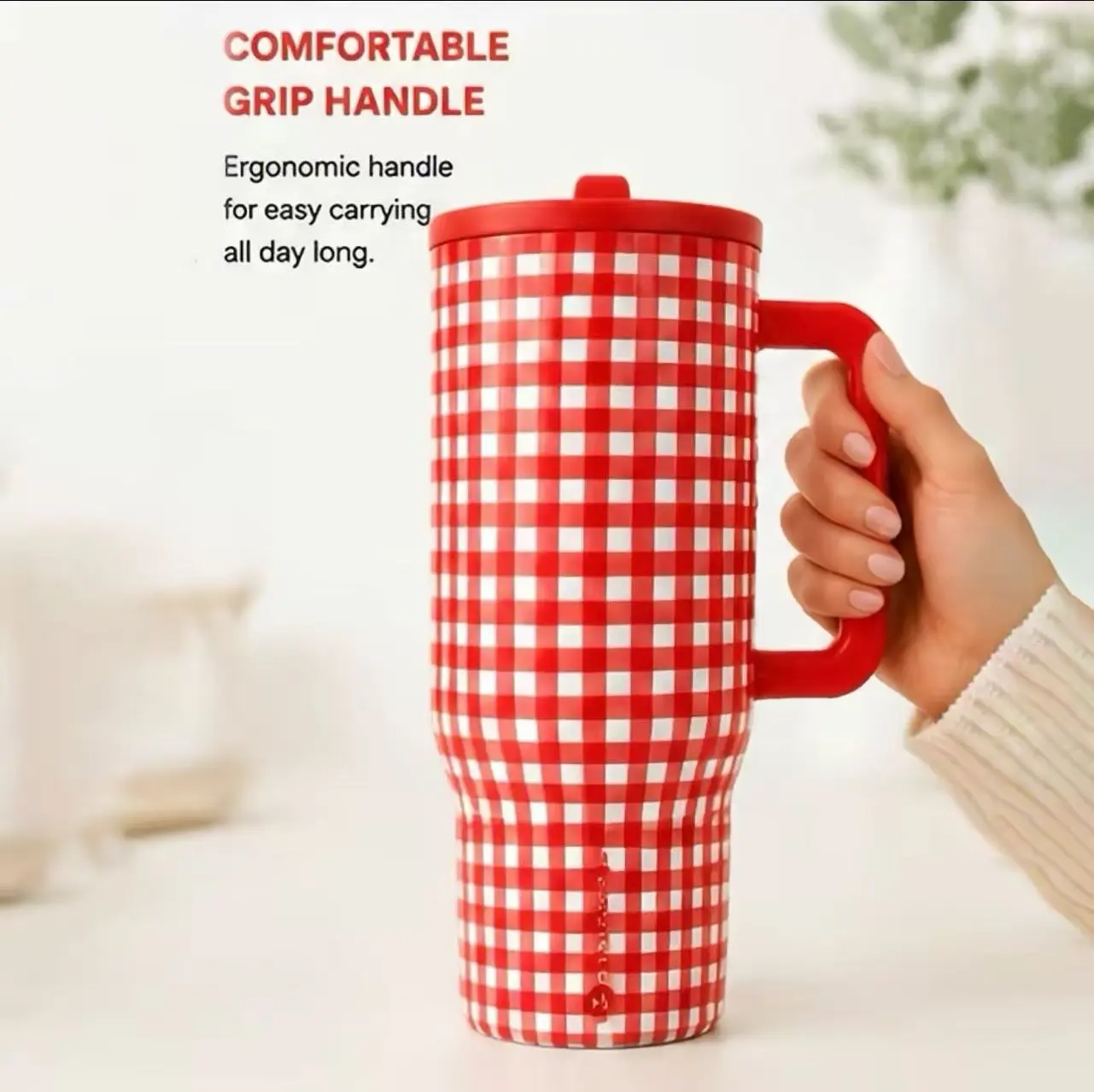 HydroJug 40 oz Classic Red Checkered Insulated Water Bottle with Handle, Straw, Leak-Proof Body, Cup Holder-Friendly Base, Large Capacity for Car Use, Keeps Ice Liquid Cold for Over 24 Hours