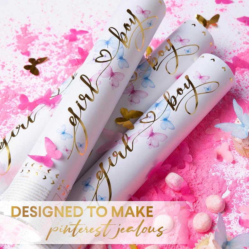 Gender Reveal Confetti Cannon - Biodegradable Powder & Butterfly Shaped Confetti Poppers - Pink 4 Pack - Baby Girl Gender Reveal Smoke Bomb Party Poppers