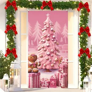 1pc Christmas party banner, made of polyester material, with a pink Christmas tree background picture, suitable for indoor and outdoor decoration, holiday decoration, Christmas party decoration, and front door decoration