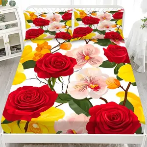 Fitted Sheet 3-Piece Set - Mattress Cover with Red Rose Pattern, Floral Sheets (1 fitted sheet + 2 pillowcases, no insert), soft, comfortable sheets, skin-friendly, breathable, suitable for family bedrooms and guest rooms, all year round