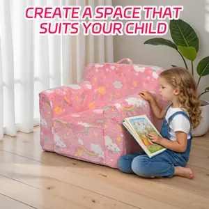 Kids High Bounce Foam Armchair with Cute Reading Storage Pocket | Machine Washable Coat, No Assembly Needed for Foam | Soft Bedside Cushion Vacuum Packaged for Instant Shape Retention