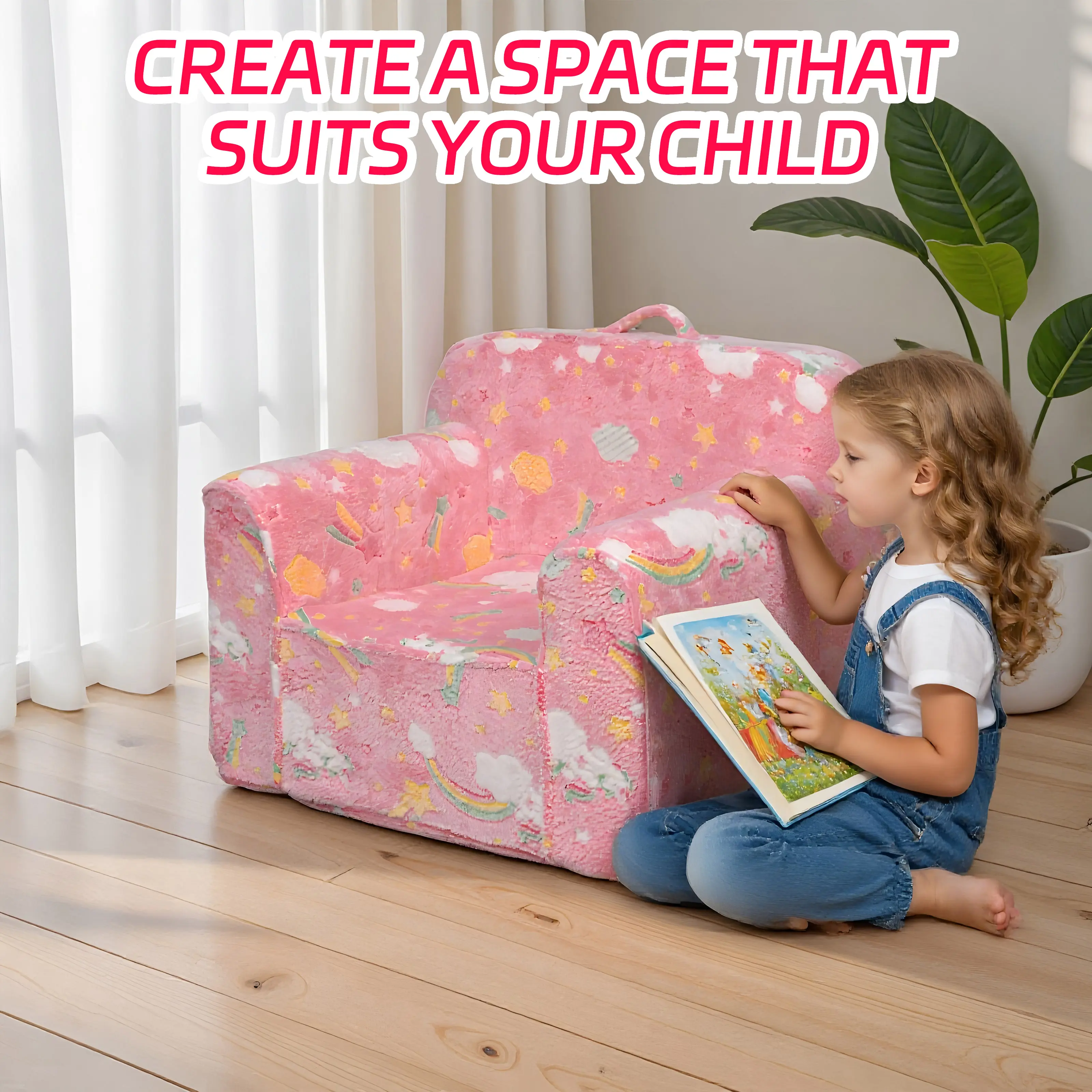Kids High Bounce Foam Armchair with Cute Reading Storage Pocket | Machine Washable Coat, No Assembly Needed for Foam | Soft Bedside Cushion Vacuum Packaged for Instant Shape Retention